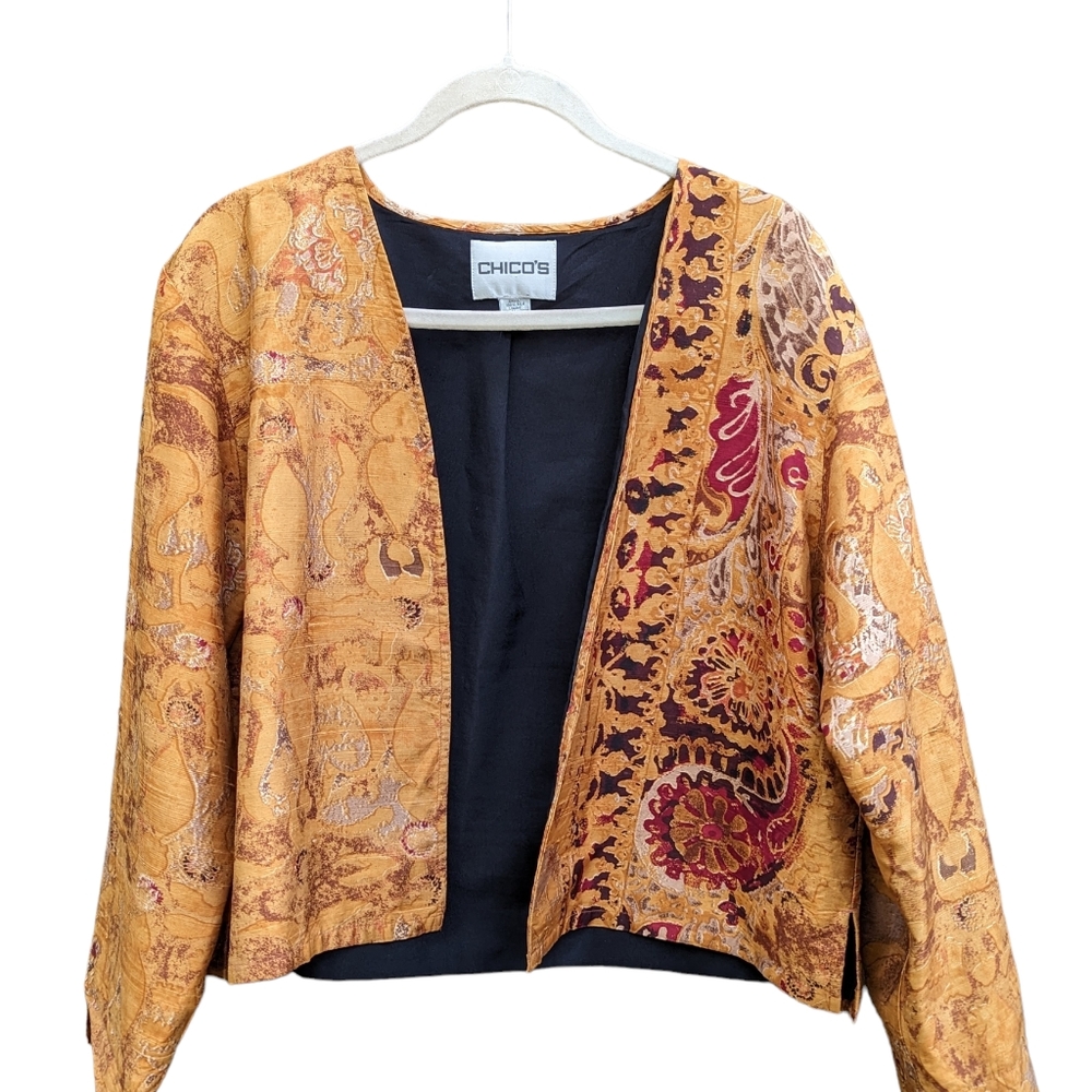 Chico's Gold & Maroon Paisley 100% Silk Jacket Blazer Women's Size 3